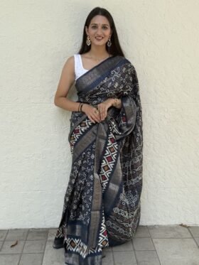 Saree- Pure Candy Cotton silk with Jaquard Border Bandhej Saree-Colour-Blue