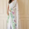 Saree-Plain Linen Digital Print Saree With Lace Border Saree-Colour-White