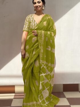 SAREE-PURE COTTON FANCY TRANDING OFFICE WEAR JAIPUR BLOCK PRINT SAREE WITH BLOUSE PICE-COLOUR-GREEN