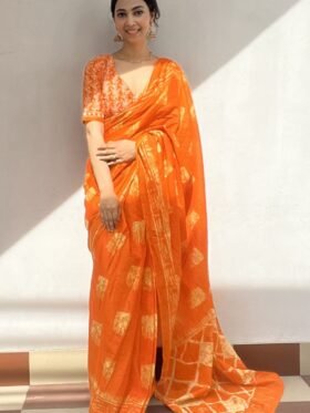SAREE-PURE COTTON FANCY TRANDING OFFICE WEAR JAIPUR BLOCK PRINT SAREE WITH BLOUSE PICE-COLOUR-ORANGE