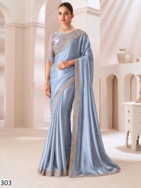 Saree-Party Wear Designer Unstitch Saree With Blouse Colour-Powder Blue