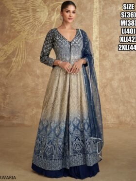 Kurti-And Gharara With Embroidered Organza Silk Dupatta Colour-Navy Blue And Cream