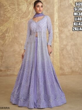 Kurti-And Gharara With Embroidered Organza Silk Dupatta Colour-Lavender