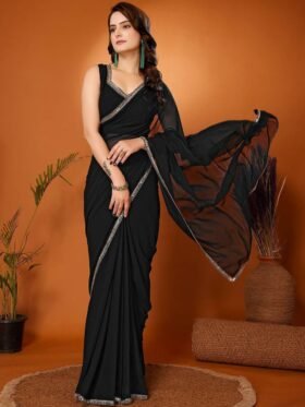 SAREE- GEORGETTE SILK PATTERN-SOLID GEORGETTE SAREE WITH MIRROR BORDER LACE-COLOUR-BLACK