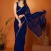 SAREE- GEORGETTE SILK PATTERN-SOLID GEORGETTE SAREE WITH MIRROR BORDER LACE-COLOUR-BLUE