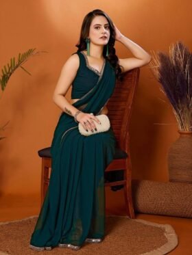 SAREE- GEORGETTE SILK PATTERN-SOLID GEORGETTE SAREE WITH MIRROR BORDER LACE-COLOUR-GREEN