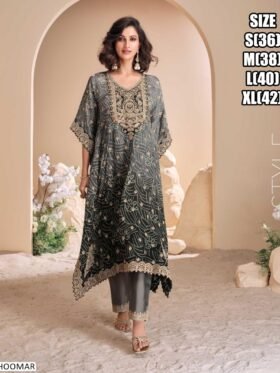 Kaftan With Tulip Hand Mirror Work And Hand Embellished Gota Patti Work – Colour-Dark Gray