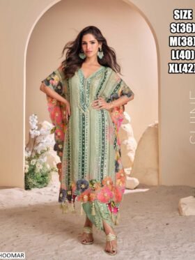 Kaftan With Tulip Hand Mirror Work And Hand Embellished Gota Patti Work – Colour-Green