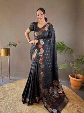 SAREE- BANARASI SOFT SILK SAREE WITH BEAUTIFUL ZARI WORK COLOUR-BLACK