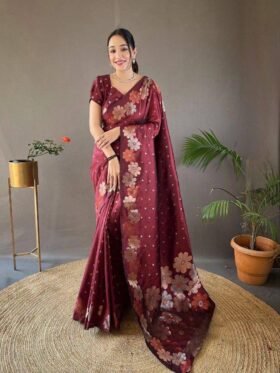 SAREE- BANARASI SOFT SILK SAREE WITH BEAUTIFUL ZARI WORK COLOUR-MAROON