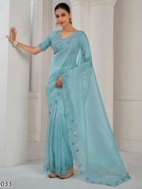 Saree- Party Wear Designer Unstitch Saree With Blouse-Colour-Blue