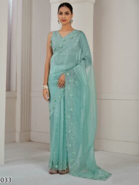 Saree- Party Wear Designer Unstitch Saree With Blouse-Colour-Green