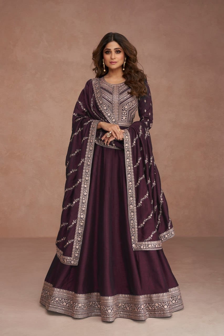 WhatsApp Image 2024-12-10 at 3.21.01 PM Gown Silk With Sequence Embroidery Work With Dupatta SIZE:- (Free Size Stitched Xl-42With Margin) Colour-Purple