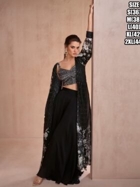 Crop Top and Plazzo With Shurg Set Size – S(36), M(38), L(40), Xl(42), Xxl(44) Colour-Black