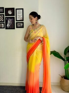 SAREE- VERY SOFT GEORGETTE CUT WORK SAREE WITH BLOUSE AND MULTI EMBROIDERY & SEQUINS WORK BLOUSE -COLOUR-YELLOW AND ORANGE