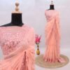SAREE- SOFT HEAVY GEORGETTE FABRIC ON BEAUTIFUL EMBRODIERY C-PALLU THREAD WITH 4000+ REAL MIRROR WORK ON SAREE-COLOUR-PEACH COLOUR