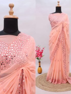 SAREE- SOFT HEAVY GEORGETTE FABRIC ON BEAUTIFUL EMBRODIERY C-PALLU THREAD WITH 4000+ REAL MIRROR WORK ON SAREE-COLOUR-PEACH COLOUR