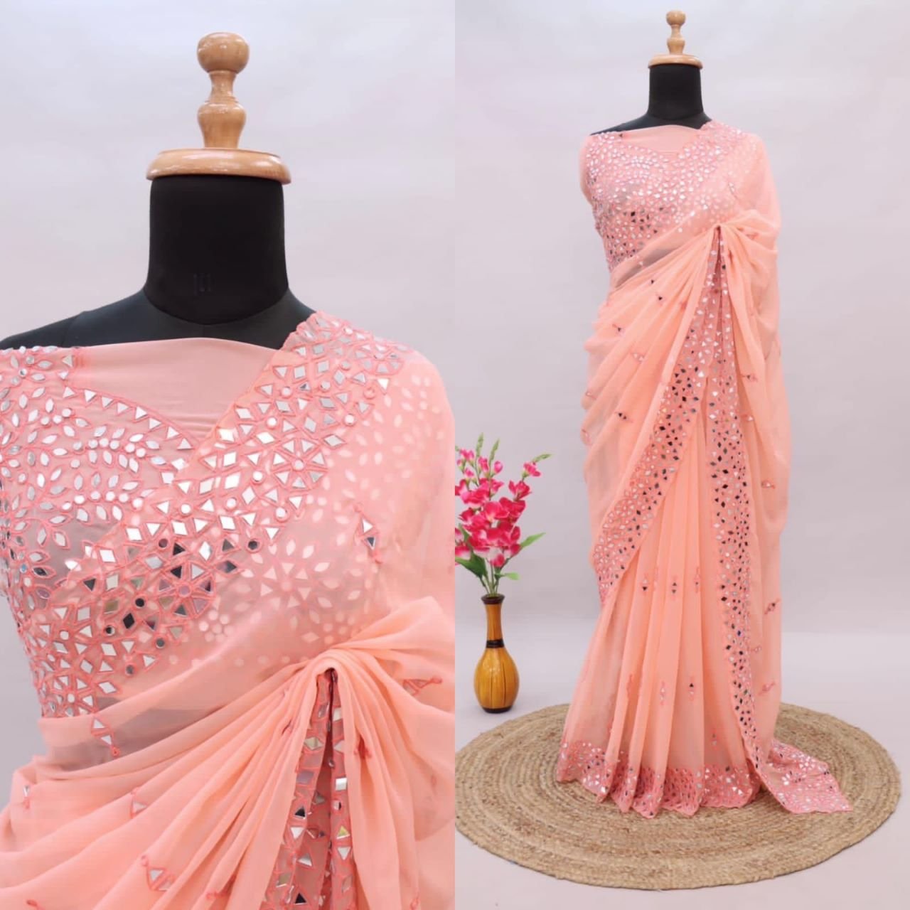 WhatsApp Image 2024-12-12 at 12.35.16 PM SAREE- SOFT HEAVY GEORGETTE FABRIC ON BEAUTIFUL EMBRODIERY C-PALLU THREAD WITH 4000+ REAL MIRROR WORK ON SAREE-COLOUR-PEACH COLOUR