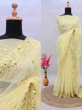 SAREE- SOFT HEAVY GEORGETTE FABRIC ON BEAUTIFUL EMBRODIERY C-PALLU THREAD WITH 4000+ REAL MIRROR WORK ON SAREE-YELLOW