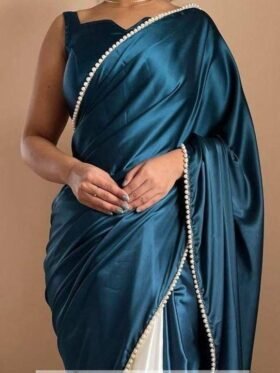SAREE-HALF N HALF SATIN SAREE WITH BEAUTIFUL MOTI LACE BORDER COLOUR-BLUE