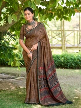 Saree-Mulmul Cotton HandBlock Print Saree-Colour-Brown And Print