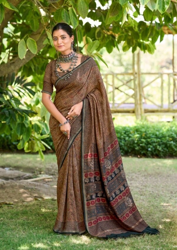 Saree-Mulmul Cotton HandBlock Print Saree-Colour-Brown And Print