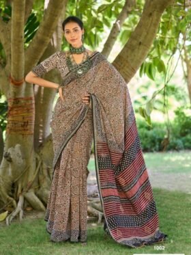 Saree-Mulmul Cotton HandBlock Print Saree-Colour-Brown And Print