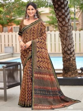 Saree-Mulmul Cotton HandBlock Print Saree-Colour-Brown And Print