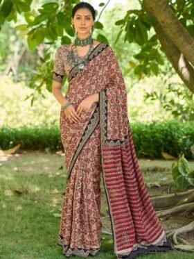 Saree-Mulmul Cotton HandBlock Print Saree-Colour-Brown And Print