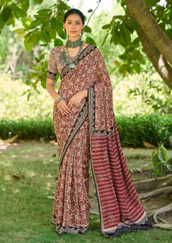 Saree-Mulmul Cotton HandBlock Print Saree-Colour-Brown And Print