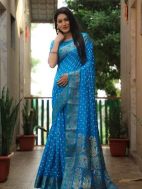 Saree- Pure Bandhej Silk Saree original Bandhej With Patola Border With Zari Weaving Paithani Rich Pallu Saree-Colour- Sky Blue