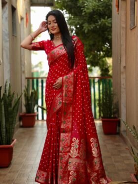 Saree- Pure Bandhej Silk Saree original Bandhej With Patola Border With Zari Weaving Paithani Rich Pallu Saree-Colour- Red