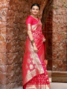 Saree-Banarasi Mushro Satin Silk Saree Zari Banarasi Saree-Colour-Red