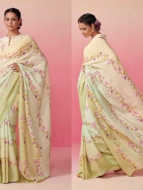 Saree-Digital Print Saree Plain Linen Fabric Saree-Colour-Yellow And Floral Print