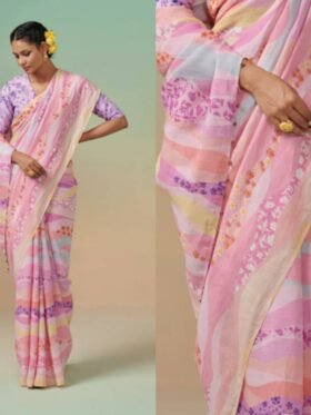 Saree-Digital Print Saree Plain Linen Fabric Saree-Colour-Light Pink And Floral Print