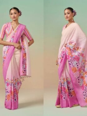 Saree-Digital Print Saree Plain Linen Fabric Saree-Colour-Light Pink And Floral Print