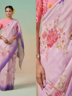 Saree-Digital Print Saree Plain Linen Fabric Saree-Colour-Light Pink And Floral Print