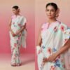Saree-Digital Print Saree Plain Linen Fabric Saree-Colour-White And Floral Print