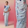 Saree-Digital Print Saree Plain Linen Fabric Saree-Colour-Light Sky Blue And Floral Print