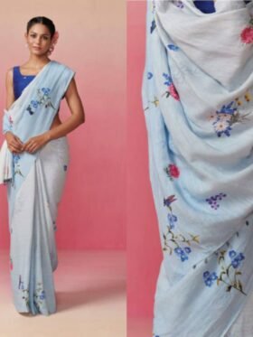 Saree-Digital Print Saree Plain Linen Fabric Saree-Colour-Light Sky Blue And Floral Print