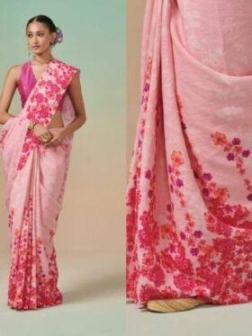 . Saree-Digital Print Saree Plain Linen Fabric Saree-Colour-Red And Floral Print