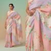 Saree-Digital Print Saree Plain Linen Fabric Saree-Colour-Multi Colour And Floral Print