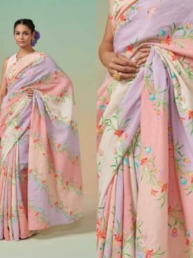 Saree-Digital Print Saree Plain Linen Fabric Saree-Colour-Multi Colour And Floral Print