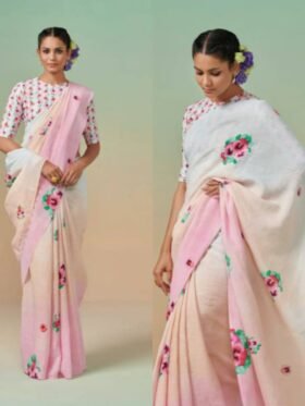 Saree-Digital Print Saree Plain Linen Fabric Saree-Colour-Multi Colour And Floral Print