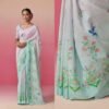 Saree-Digital Print Saree Plain Linen Fabric Saree-Colour-Light Green And Floral Print