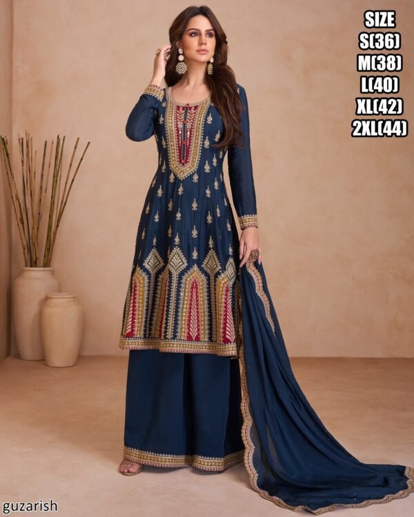 Kurti -Kurti and Plazzo With Real Chinon Fabrics and Embroidery Front & Back Work Only Readymade Set