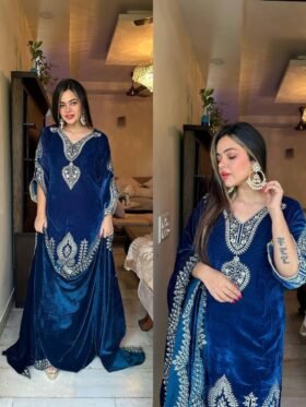 Kurti and Plazzo With Dupatta- Embroidered Sequence Work with Piping on Sleeves and Velvet Fabrics With Embroidered Sequence Border on Both Sides Duoatta