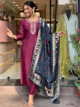 Kurti Pant And Dupatta- PV CHANDERI WITH SEQUENCE CODING EMBROIDERY WORK KURTI WITH HEAVY JAQUARD DUPPATTA