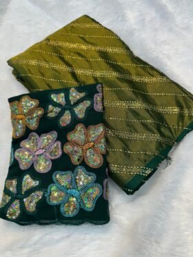 Saree- Soft Georgette braso Silk Fabric Saree With beautiful embroidery sequence cut work in blouse-Colour-Green