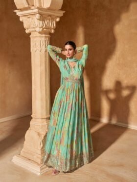 GOWN- PREMIUM REAL CHINON SILK FABRIC FRONT AND BACK EMBROIDERED WORK With DUPATTA